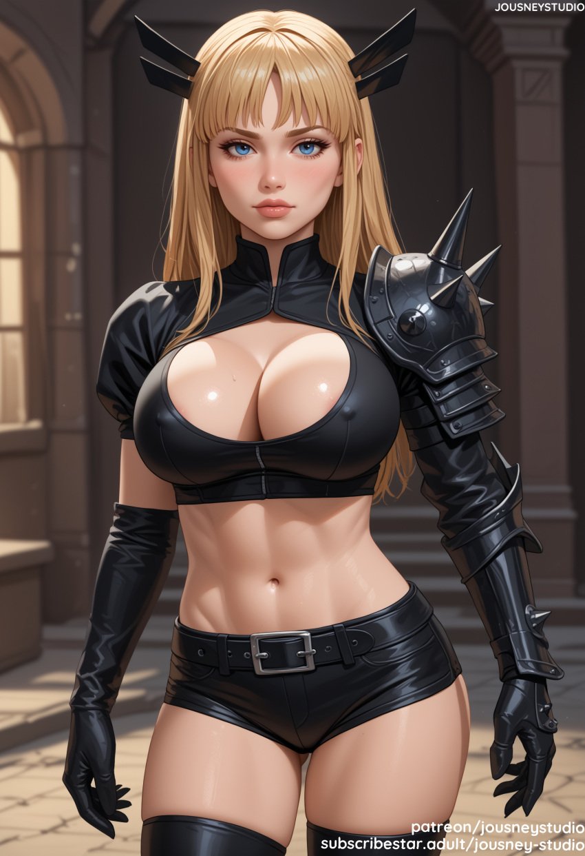 abs ai_generated areola_slip arm_guards armor arms_at_sides bangs bare_shoulders belt black_gloves black_legwear black_shorts black_thighhighs blonde_hair blue_eyes blush breasts cleavage cleavage_cutout closed_mouth clothing clothing_cutout covered_nipples crop_top elbow_gloves female female female_only fingerless_gloves gauntlets gloves indoors jousneystudio large_breasts legwear lips long_hair looking_at_viewer magik_(illyana_rasputin) magik_(marvel_rivals) marvel marvel_rivals medium_breasts midriff mole_on_breast navel original pauldrons shiny_skin shirt short_shorts short_sleeves shorts shoulder_armor shoulder_pads shoulder_spikes skindentation smile solo spikes standing stomach thick_thighs thighhighs thighs toned