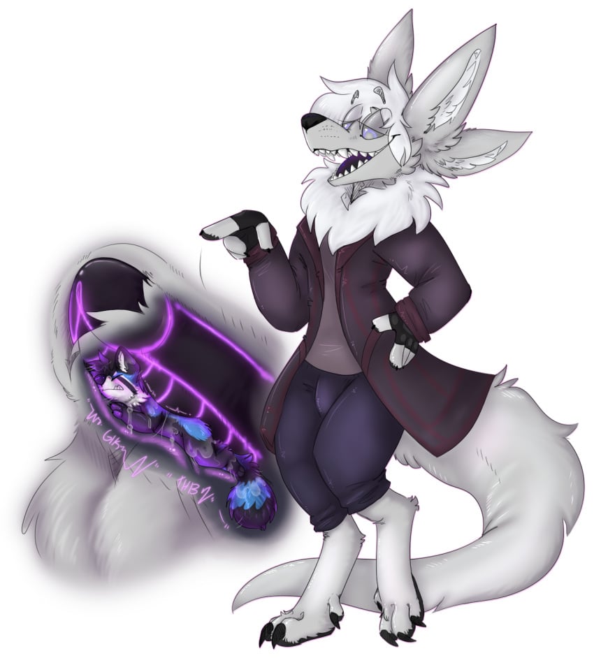 adteev ailurid alpha_channel animal_genitalia anthro balls blacklight blue_body blue_fur blush claws clothing clothing_entrapment duo fingerless_gloves fur genitals gloves grey_body grey_fur handwear hi_res hidden jacket male male/male mammal mercury_(haloren) micro micro_in_sheath multi_ear penis red_panda shadekin sheath shian_(neopagan) tail thick_tail topwear