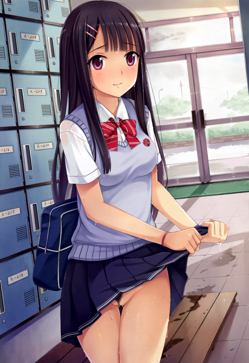 between_labia black_hair blush female hair_ornament hairclip highres innie_pussy long_hair looking_at_viewer no_panties original pubic_hair purple_eyes pussy school_uniform skirt smile solo standing sweater_vest uncensored wet wringing_clothes yokaze_japan