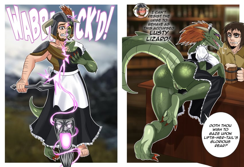 2025 alcohol annoyed anthro anus apron argonian armor ass beer beverage breast_growth breasts brown_hair clothing dialogue digital_media_(artwork) duo english_text erasethismail female gender_transformation genitals green_body green_scales growth hair hand_on_breast headgear helmet hi_res holding_object human human_to_anthro inside lifts-her-tail looking_at_viewer looking_back looking_back_at_viewer maid_uniform male mammal mask microsoft mtf_transformation presenting presenting_hindquarters pussy scales scalie smile species_transformation tail text the_elder_scrolls the_lusty_argonian_maid transformation uniform white_apron white_clothing