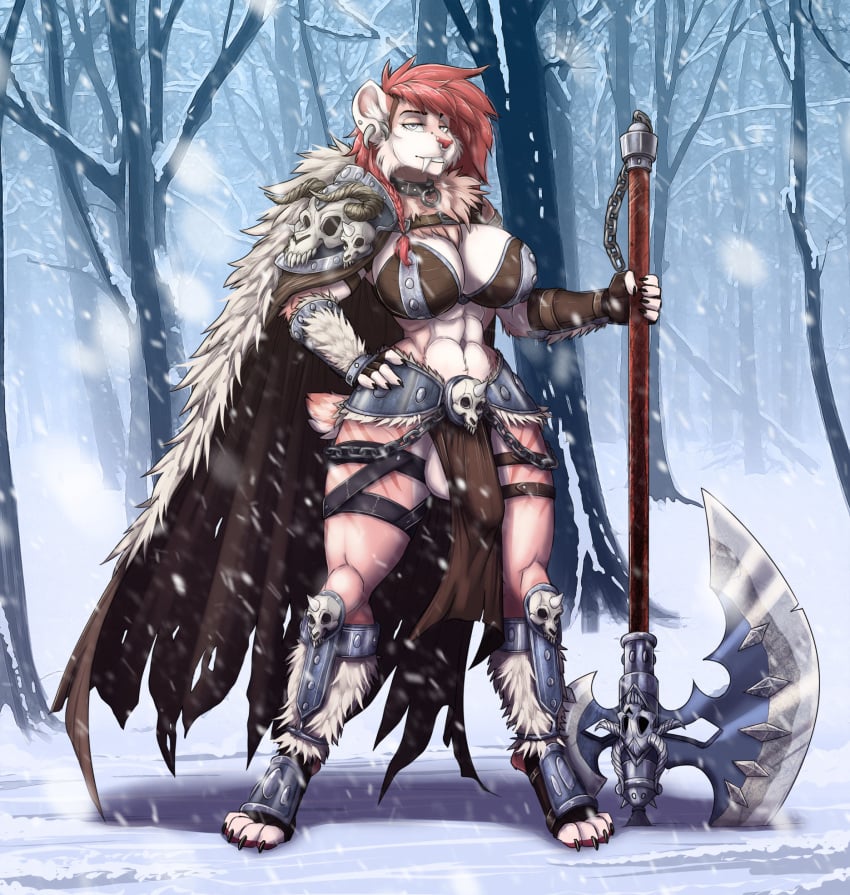 anthro armor axe balls black_claws blue_eyes bone bone_ear_ring bored bottomwear breasts cape claws clothing collar ear_piercing ear_stud facial_piercing fangs felid frozen fur fur_trim_(clothing) genitals gynomorph hair hi_res ice inner_ear_fluff intersex lake loincloth looking_at_viewer mammal monroe_(winterspell) muscular muscular_gynomorph muscular_intersex navel nose_piercing piercing pink_body pink_fur pink_hair prehistoric_species saber-toothed_tiger sabertooth_(anatomy) skull skull_accessory snow solo tattered_cape teeth ticl tuft unconvincing_armor weapon white_body white_fur