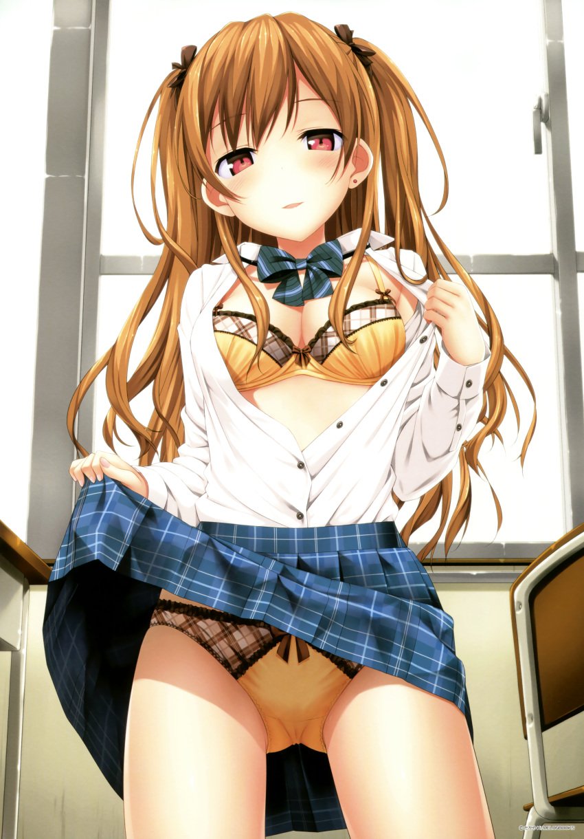 1girls absurdres blush bow bow_bra bow_panties bowtie bra breasts brown_hair chair cleavage clothes_lift desk dress_shirt ear_piercing hair_ribbon hairbow highres lifting_own_clothes long_hair medium_breasts melonbooks open_clothes open_mouth open_shirt opened_by_self panties partially_unbuttoned piercing plaid_clothes plaid_skirt plaid_trim red_eyes ribbon school_chair school_desk school_uniform shirt skirt skirt_lift smile solo standing takayaki two_side_up underwear window yellow_bra yellow_panties