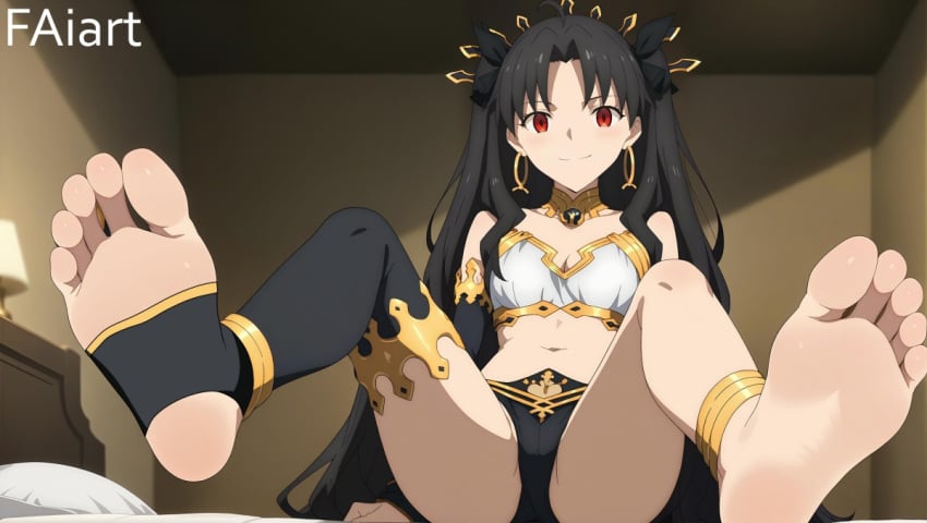 ai_female ai_generated armlet ass asymmetrical_legwear back bangs barefoot bikini black_hair black_panties black_ribbon black_thighhighs crown earrings faiart fate_(series) female foot_fetish foot_focus hair_ribbon hoop_earrings ishtar_(fate) jewelry long_hair looking_at_viewer red_eyes ribbon single_thighhigh sitting solo thighhighs thighs tiara