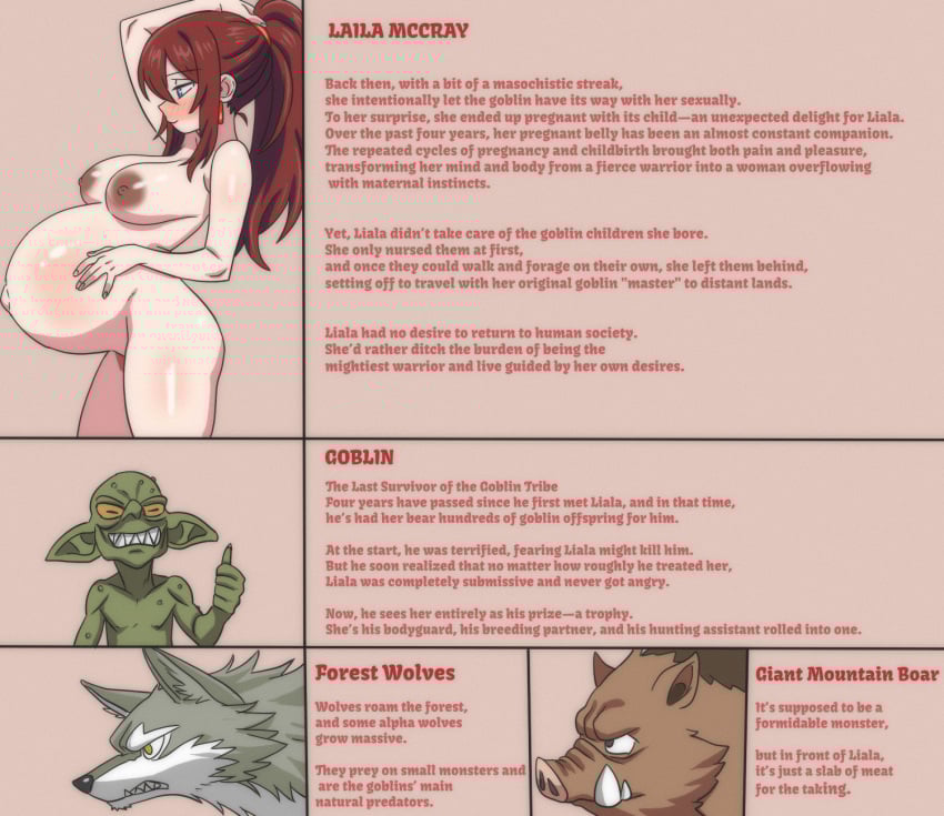 accessory biography blue_eyes breasts canid canine canis comic ear_piercing ear_ring english_text female female_human gesture goblin green_body green_skin hair hair_accessory hairband hand_gesture hi_res hippo_power human humanoid humanoid_pointy_ears larger_female larger_human long_hair male male/female male_humanoid mammal nipples nude nude_female nude_male piercing pointy_ears pregnant ring_piercing sharp_teeth size_difference smaller_humanoid smaller_male suid suine sus_(pig) teeth text thumbs_up tusks wild_boar wolf
