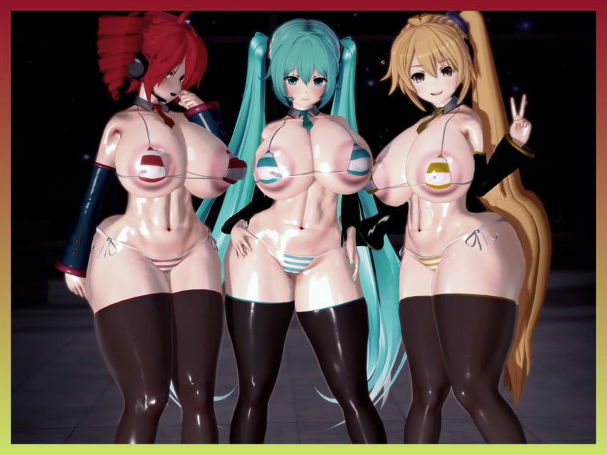3d 3girls ahoge akita_neru areola_slip areolae artist_request belly big_breasts big_nipples bikini blue_eyes blue_hair blush breasts curvaceous curvy curvy_female curvy_figure detached_collar detached_sleeves fanloid female female_only gigantic_breasts hands_on_hips hatsune_miku headgear huge_areolae huge_breasts huge_nipples huge_thighs kasane_teto large_areolae large_breasts massive_breasts nail_polish navel nipple_bulge nipples painted_nails peace_sign ponytail red_eyes red_hair side-tie_bikini small_bikini smile thick_thighs thighhighs thighs triple_baka_(vocaloid) twin_drills twintails utau vocaloid voluptuous voluptuous_female wide_hips yellow_eyes yellow_hair