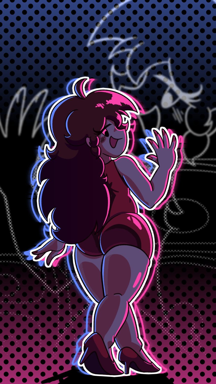 1girls 2d 2d_(artwork) 2d_artwork ass ass_focus back_view background clothing dress female female_focus female_only friday_night_funkin girlfriend_(friday_night_funkin) high_heels highlights_(coloring) long_hair looking_at_viewer looking_back lustree pose thick_thighs waving