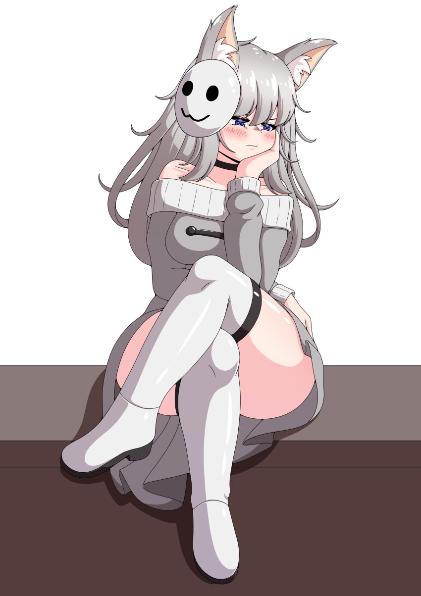 1girls 2d :3 animal_ear_fluff animal_ears black_choker blue_eyes blush boots bored breasts casual choker clothed clothed_breasts clothing colored crossed_legs curvy dress ear_tuft exposed_shoulders exposed_thighs female fluffy_hair gray_clothing gray_hair hand_on_cheek hand_on_chin hand_on_hip hourglass_figure kemonomimi legs_crossed light-skinned_female light_hair light_skin long_hair long_sleeves looking_down mask mask_on_head masked_female medium_breasts necklace original_character shoulders sitting solo solo_female solo_focus stockings sweater sweater_dress thick_thighs thigh_boots thigh_focus thighhighs tired vlack white_legwear wide_hips wolf_ears