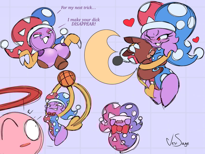 anthro areola arm_around_partner ball basketball_(ball) big_tail biped blue_eyes blush bow_tie breast_grab breast_play breasts brown_body claws cloak clothing disembodied_hand disembodied_penis dunked_on duo erection face_in_breasts faceless_character faceless_human faceless_male female floating_tail fool's_hat fur genitals group hair hand_on_breast hat headgear headpat headwear heart_symbol heterochromia hi_res hiding_face holding_another holding_breast holding_partner hug hugging_another hugging_breasts human humanoid kirby kirby_(series) leg_markings looking_at_another looking_at_partner magic_trick male male/female mammal markings marx_(kirby) multicolored_body multicolored_fur multiple_sketches nintendo nipples one_eye_closed penis petting pink_body purple_areola purple_background purple_body purple_hair purple_nipples red_eyes sex shocked simple_background smile smug smug_expression smug_eyes smug_face smug_grin solo tail thigh_markings titjob trio vesi vesi_sage waddling_head wink winking_at_another yellow_arms