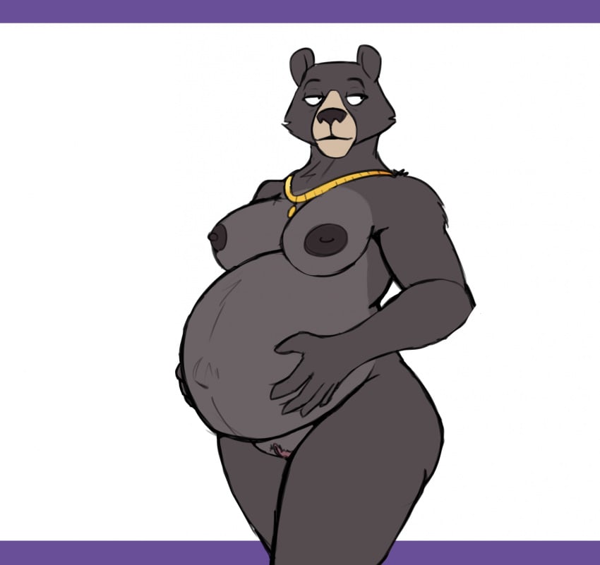 5_fingers anthro bear belly big_belly big_breasts black_bear black_body black_fur black_nose breasts can-be-quite-crude female fingers fur genitals hi_res humanoid_hands jewelry mammal mature_anthro mature_female navel necklace necklace_only nipples nude nude_anthro nude_female outie_navel pregnant pregnant_anthro pregnant_female pussy solo standing ursine victoria_(can-be-quite-crude)