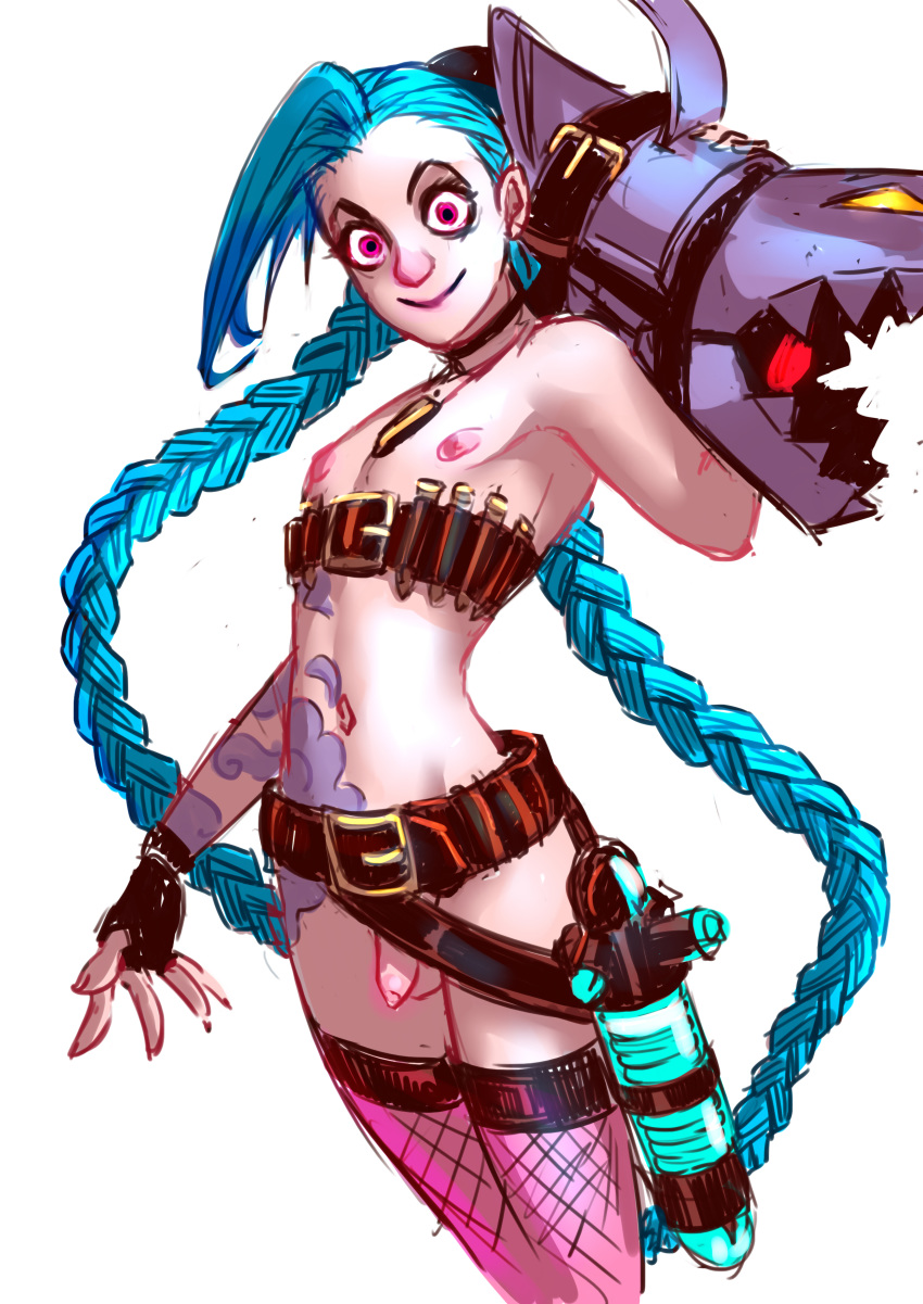 1boy absurdres androgynous belt blue_hair braid creepy_smile femboy fingerless_gloves highres jinx_(league_of_legends) league_of_legends little_penis long_hair male nipples nude penis pink_eyes ripushko rule_63 small_penis solo tattoo testicles thighhighs trap twin_braids weapon