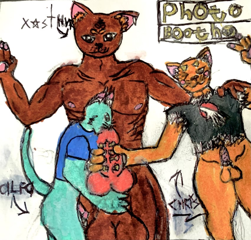 absurd_res alfa_(kass_wolfe) animal_genitalia animal_penis anthro balls band_merch big_balls big_penis black_metal blue_body blue_fur bodily_fluids bosse-de-nage_(band) brown_body brown_fur canine_genitalia canine_penis chris_(kass_wolfe) domestic_cat dripping felid feline feline_genitalia feline_penis felis fellatio fur further_still_(album) genital_fluids genital_piercing genitals gesture group hand_gesture handjob hi_res humanoid_genitalia humanoid_penis kass_wolfe knot male male/male mammal marker_(artwork) oral orange_body orange_fur original_character pawpads paws pen_(artwork) penile penile_spines penis penis_piercing photo_booth piercing precum precum_drip public raised_hand semi_public sex small_penis spiked_penis spikes spikes_(anatomy) traditional_media_(artwork) trio v_sign xasthur_(band) xasthur_(kass_wolfe)