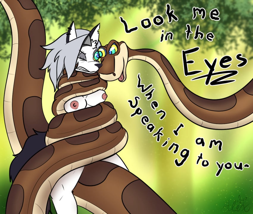 alexander717_(artist) anthro anthro_on_feral bondage bondage bound breasts canid canid_demon canine canis clenched_teeth coiling demon duo female feral feral_dominating_anthro hellhound helluva_boss hypnosis hypnotic_eyes imminent_rape imminent_vore kaa_(jungle_book) looking_at_another loona_(helluva_boss) male male/female mammal mind_control mythological_canine mythological_creature mythology nipples nude one_eye_closed peril predicament_bondage python reptile restrained restrained_arms scalie snake struggling teeth the_jungle_book wolf zoophilia