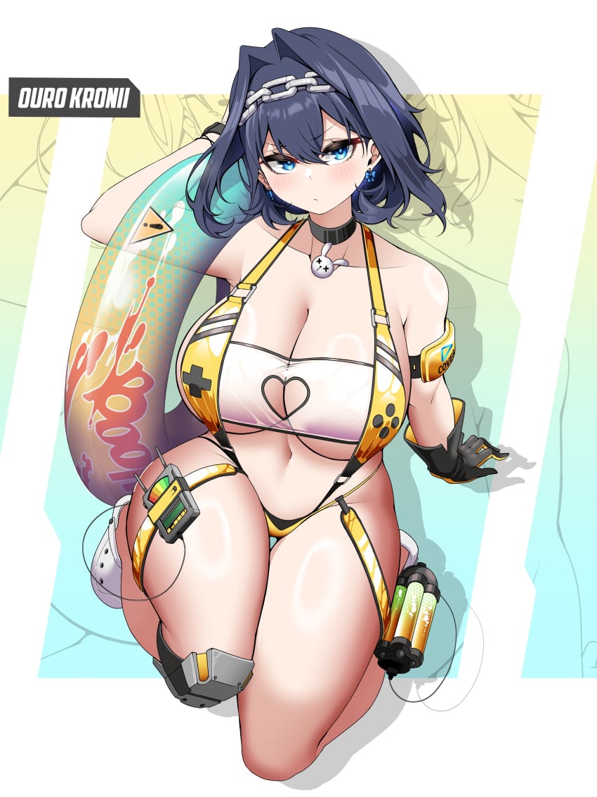 1girls arm_strap big_breasts blue_eyes blue_hair breasts choker cleavage female hololive_english hololive_english_-council- huge_breasts large_breasts looking_at_viewer ouro_kronii revealing_clothes saltnvalk swimsuit