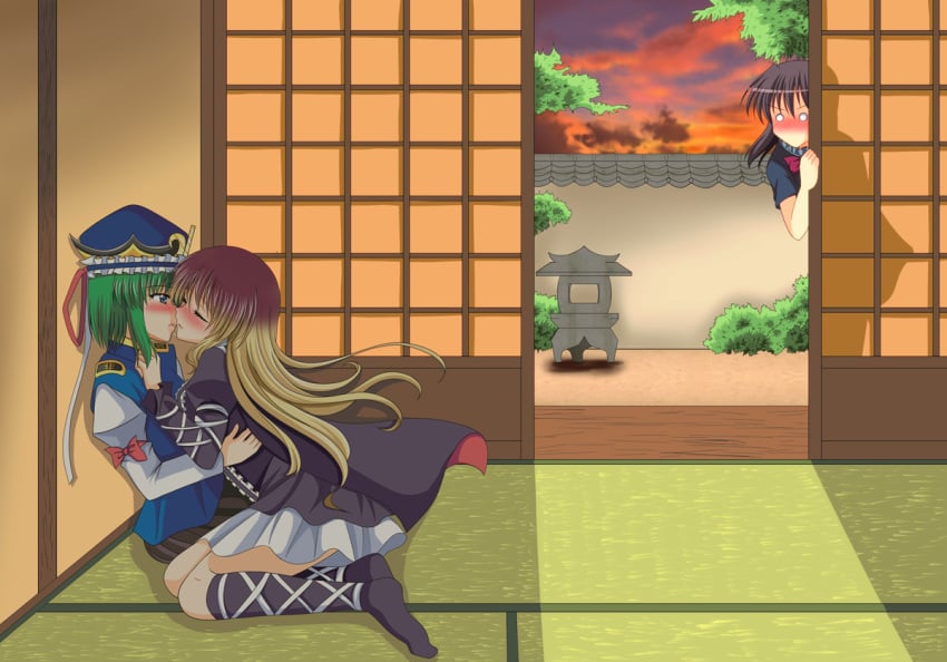 3girls against_wall blush cape closed_eyes eiki_shiki female gradient_hair green_hair hijiri_byakuren imminent_kiss kissing long_hair looking_at_another multicolored_hair multiple_girls nue_houjuu o_o ougi_(ihayasaka) pagoda saliva saliva_trail short_hair sitting skirt sliding_doors stone_lantern sunset surprised tatami touhou twilight walk-in wall yuri