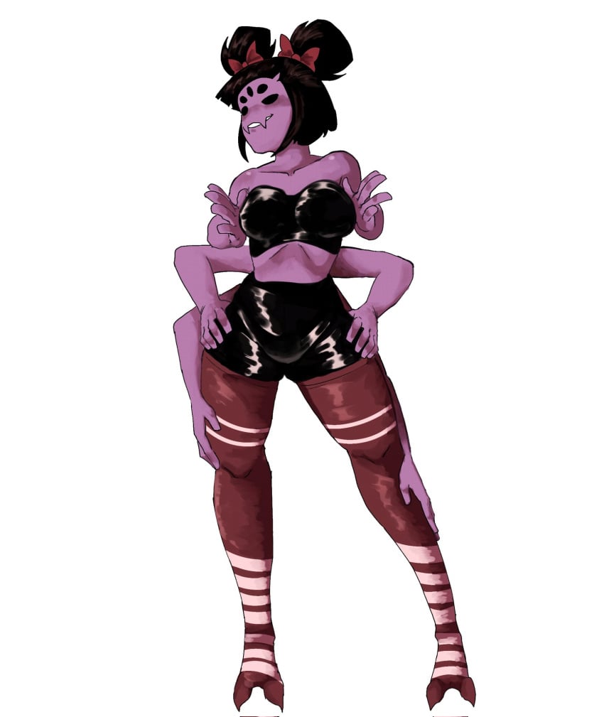 1girls 5_eyes big_breasts breasts female looking_away monster_girl muffet ribbons shorts simple_background solo solo_female spider_girl striped_thighhighs thick_thighs thighhighs undertale undertale_(series) white_background zackocafeina