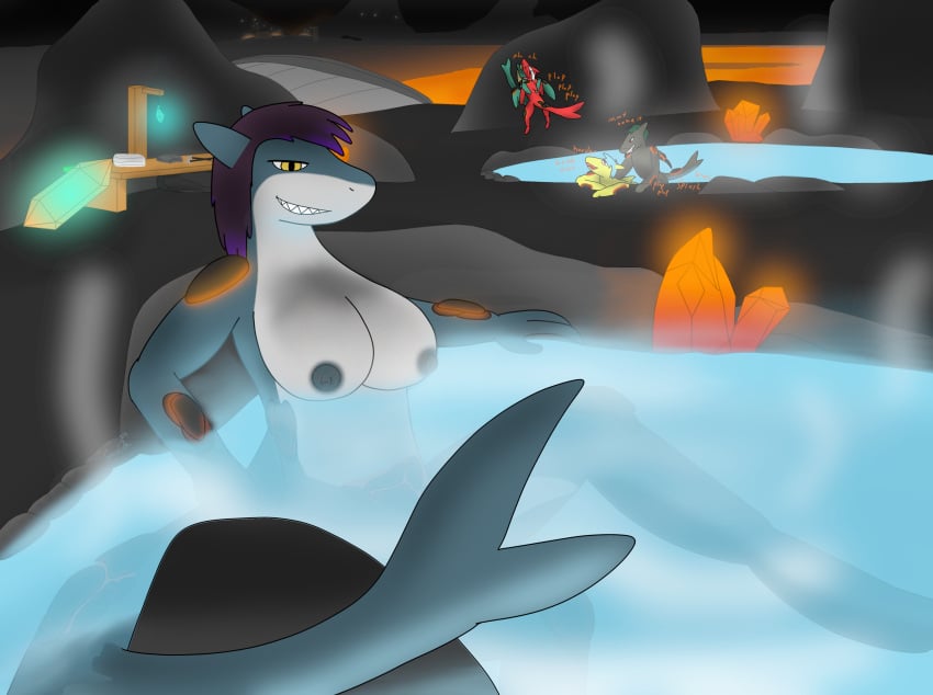 absurd_res anthro background_sex background_text bathing breasts crystal exposed_breasts female fish from_behind_position glowing hi_res hot_spring lava looking_at_viewer male male/female marine rock sex shark sitting smile smiling_at_viewer solo spaceg3n steam teeth teeth_showing text water