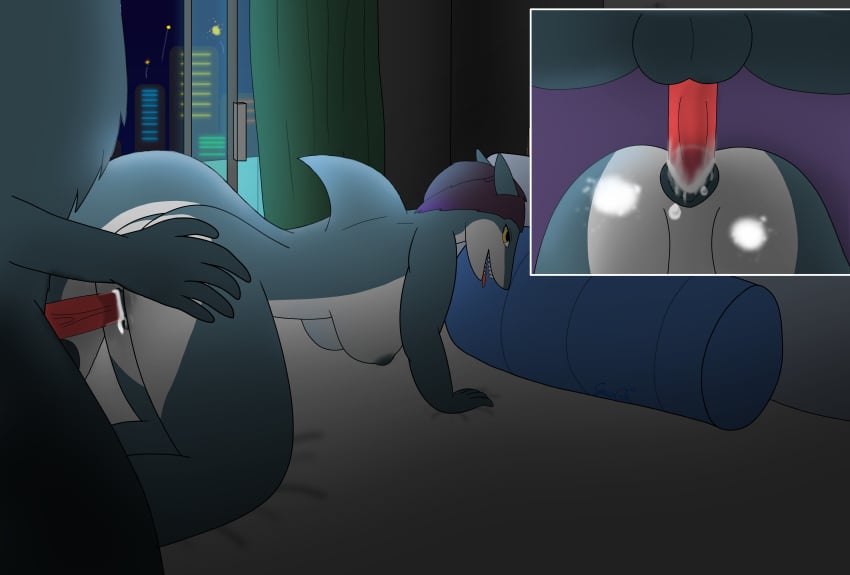absurd_res anthro bed bedroom bodily_fluids breasts building canid canine close-up cum cum_drop cum_from_pussy cum_in_pussy cum_inside doggy_style duo exposed_breasts female fish from_behind_position furniture genital_fluids genitals hand_on_butt hi_res male male/female mammal marine night penetration penis pillow pussy sex shark spaceg3n vaginal_penetration vaginal_penetration vein veiny_penis window