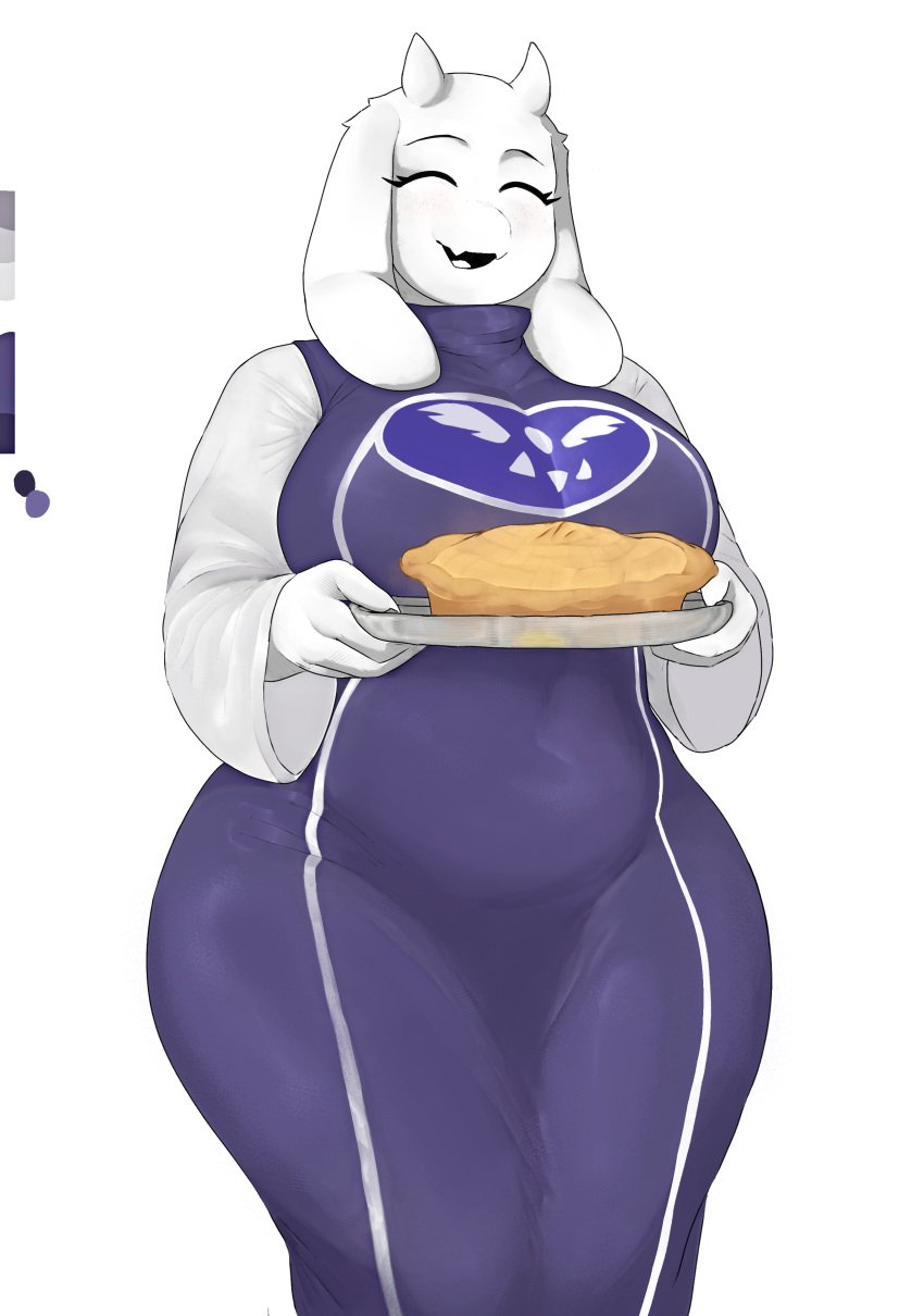 big_ass big_breasts blush blushing_female breasts dress female frisk frisk_(undertale) fully_clothed furry goat goat_ears goat_girl goat_horns looking_at_viewer magthender purple_dress smile thick_thighs tight_fit toriel undertale white_fur