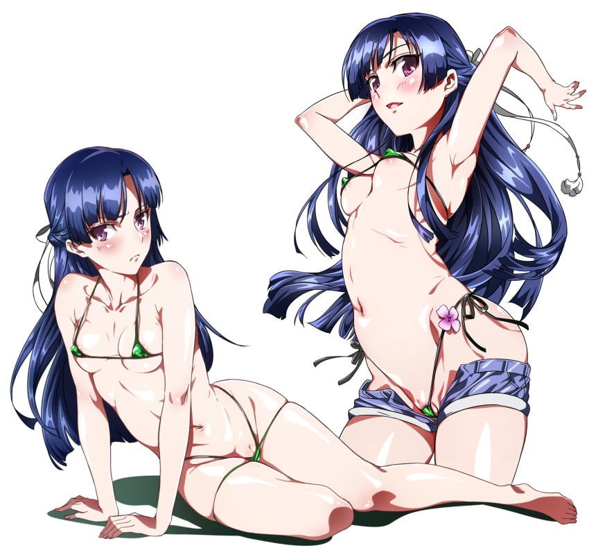 1girls absurdres arm_support armpits arms_up bangs bare_shoulders barefoot bikini black_hair blue_hair blunt_bangs blush breasts covered_nipples denim denim_shorts female frown green_bikini half_updo highres kakumeiki_valvrave long_hair medium_breasts micro_bikini micro_shorts navel niko_(tama) open_mouth projected_inset purple_eyes pussy pussy_peek ribbon rukino_saki short_shorts shorts side-tie_bikini sitting smile solo swimsuit uncensored underboob white_background