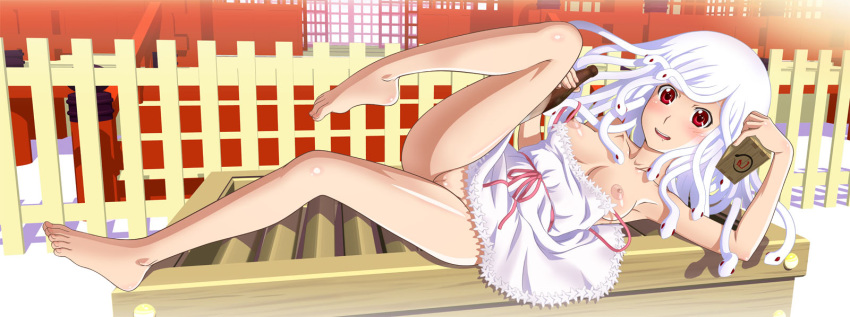 barefoot blush bottle box breasts donation_box dress drooling feet female female highres koimonogatari long_hair looking_at_viewer lying monogatari_(series) nipples no_panties pussy red_eyes sake_bottle sengoku_nadeko shrine smile snake_hair solo strap_slip toes tooo uncensored white_hair