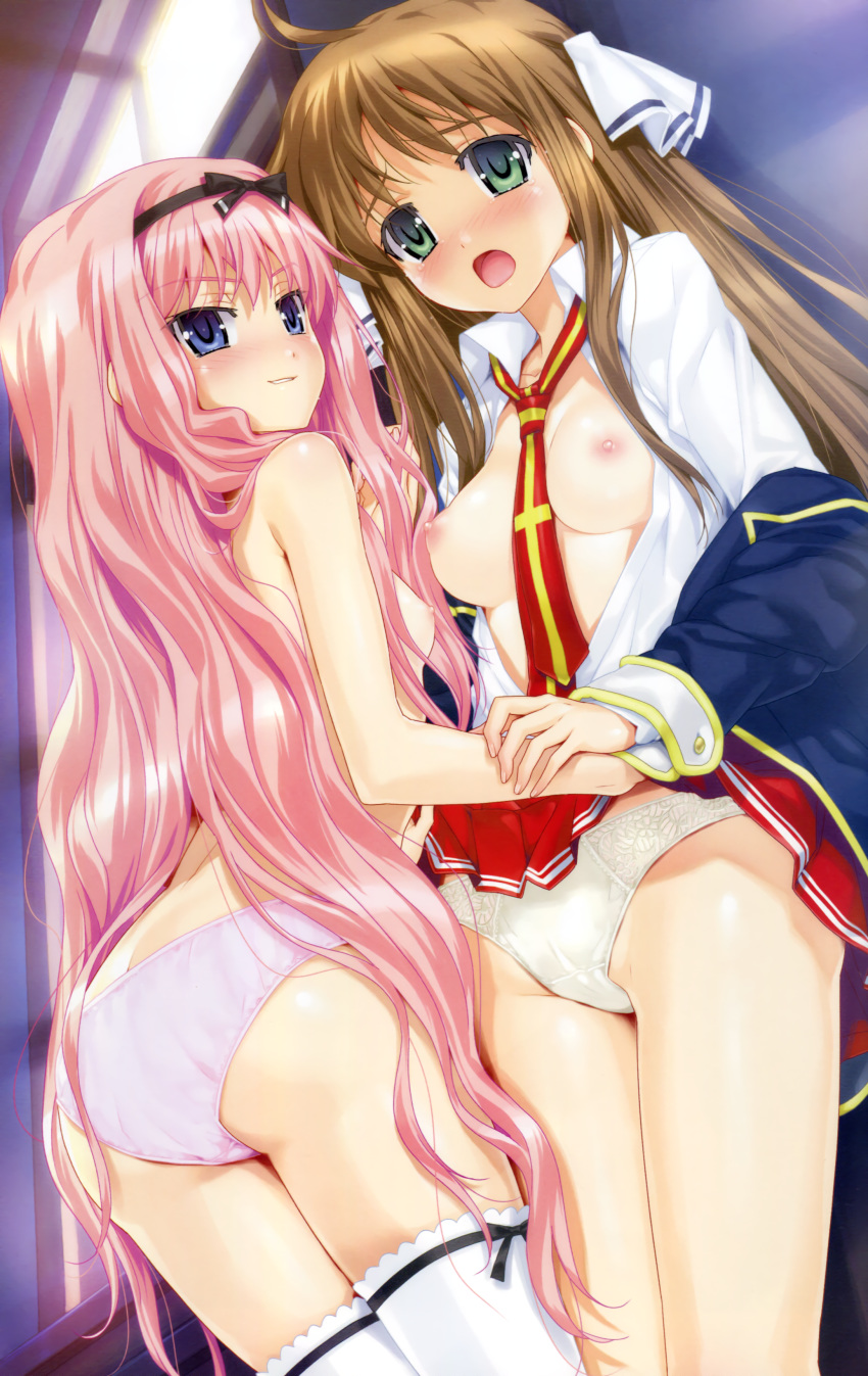 2girls :o absurdres ass blue_eyes blush breasts brown_hair classy_cranberry's female green_eyes happoubi_jin highres honda_seshiru kusunoki_miu long_hair looking_at_viewer multiple_girls nipples panties pink_hair small_breasts thighhighs underwear very_long_hair white_legwear white_panties yuri