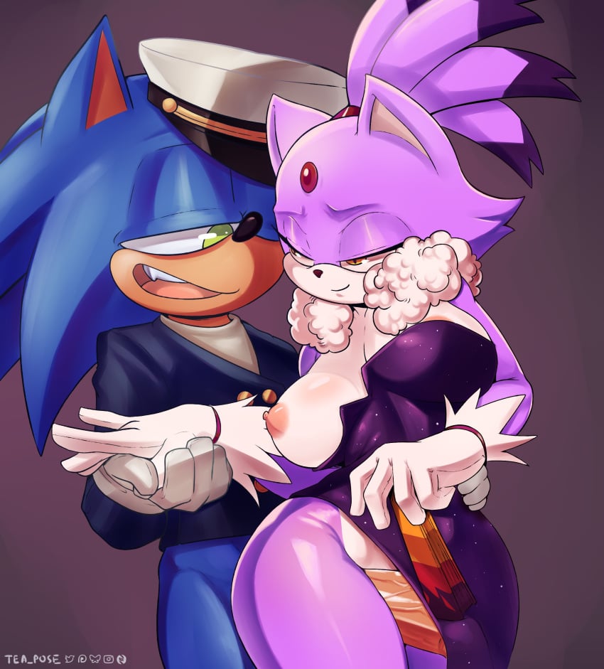 absurd_res alternate_costume anthro big_breasts blaze_the_cat breasts clothing domestic_cat dress duo eulipotyphlan eye_contact felid feline felis female genitals gloves green_eyes hand_fan hand_holding hand_on_hip handwear hat headgear headwear hedgehog hero hi_res humanoid looking_at_another male male/female mammal nipple_slip penis princess romantic romantic_couple royalty rubbing sega smile sonic_the_hedgehog sonic_the_hedgehog_(series) suit teapose2 teasing the_murder_of_sonic_the_hedgehog yellow_eyes