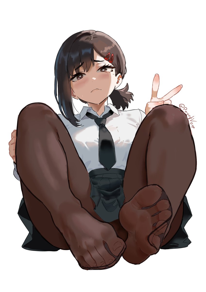 absurdres black_hair black_pantyhose black_skirt blush brown_eyes chainsaw_man feet female female_only foot_fetish foot_focus higashiyama_kobeni highres long_hair looking_at_viewer mole mole_under_eye mole_under_mouth pantyhose payetvore peace_sign red_hairclip soles tie toes v