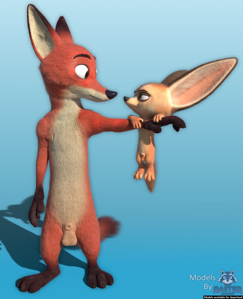 3d_(artwork) absurd_res animal_genitalia anthro big_ears black_nose blender_(artwork) blue_background canid canine claws dangling digital_media_(artwork) disney duo english_text feet fennec_fox finnick_(zootopia) fox front_view fur genitals gradient_background hi_res huge_ears lifting_another male male/male mammal markings nick_wilde nude red_body red_fox red_fur retracted_sheath rockyrcoon sheath simple_background size_difference smaller_male standing tail tan_body tan_fur text true_fox underbelly watermark zootopia