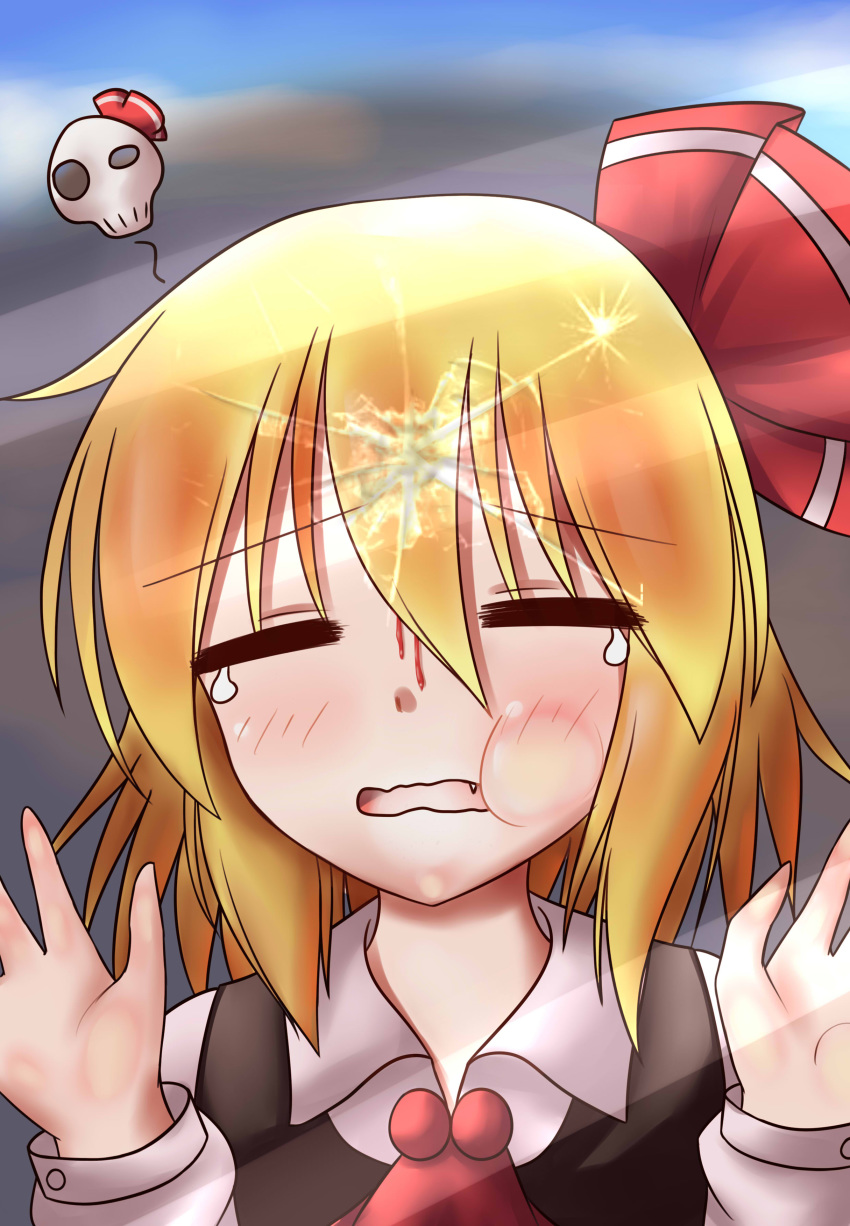 absurdres against_glass blonde_hair blood crack cute_fang dior-zi female fourth_wall hair_ribbon highres injury open_mouth ribbon rumia short_hair skull tears touhou