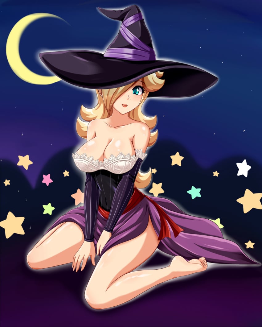 2015 barefeet barefoot blonde_female blonde_girl blonde_hair_female blue_eyes cosplayer deviantart female meta moon moonlight night night_sky nintendo not_porn one_eye_covered princess_rosalina red_lipstick sigurdhosenfeld sky_background sorceress super_mario_bros. witch witch_costume witch_hat