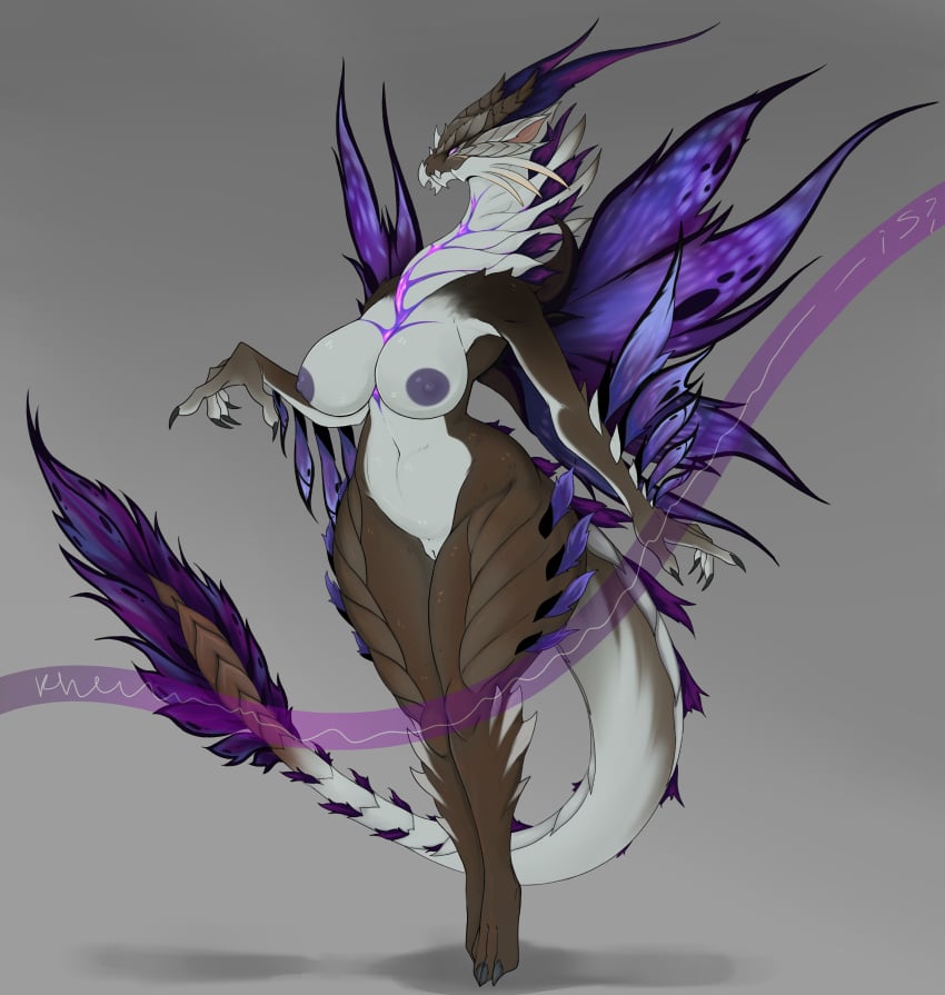 absurd_res anthro areola big_breasts breasts capcom dragon estrellian female fingers fur genitals hi_res horn khemmmis monster_hunter mythological_creature mythological_scalie mythology nipples nude pussy scales scalie simple_background solo tail thick_thighs white_body wings