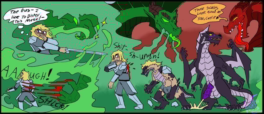 2025 anthro aphelionscorner_(artist) armor balls black_body blonde_hair blood blush bodily_fluids body_size_growth breath cavern claws comic cum dialogue digital_drawing_(artwork) digital_media_(artwork) dragon ejaculation erection feral gas genital_fluids genital_transformation genitals group growth hair hi_res horn human human_to_anthro knight male mammal melee_weapon mythological_creature mythological_scalie mythology open_mouth penile_spines penis scale_growth scales scalie scratch sharp_teeth size_transformation snout snout_growth species_transformation sword tail tail_growth teeth tongue transformation transformation_sequence transformation_through_magic trio warrior weapon wing_growth wings