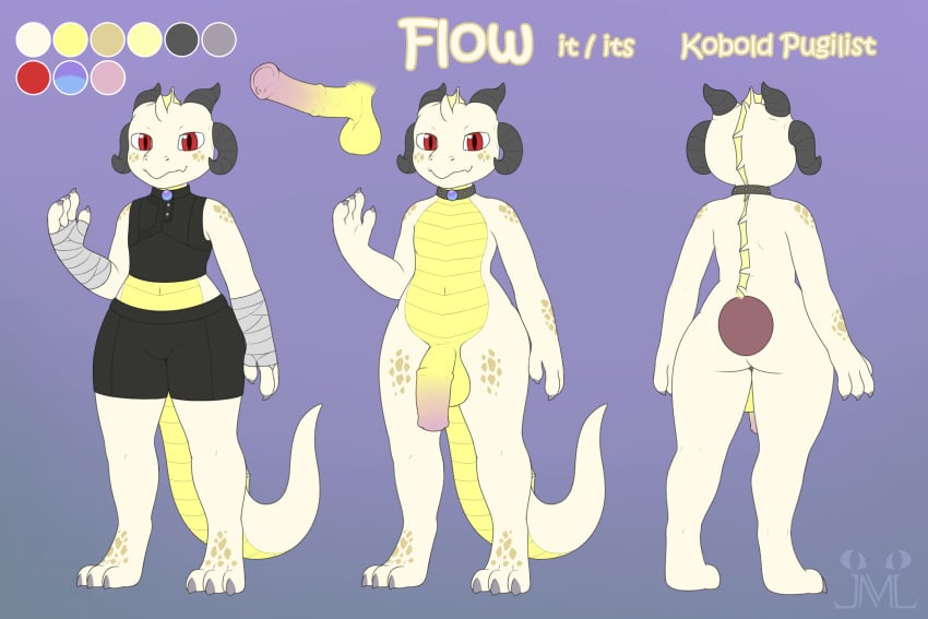 animal_genitalia animal_penis anthro anthro_only arm_wraps black_clothing bottomwear claws clothed clothing collar equine_genitalia equine_penis erection flaccid genitals hi_res horn jm-luxro kobold long_tail male model_sheet nude penis rear_view red_eyes scales scalie shorts solo tail thick_thighs white_body white_scales wide_hips wraps yellow_body yellow_scales