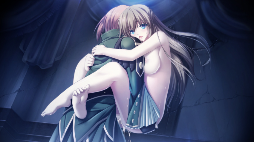 1boy barefoot blue_eyes breasts censored cum cum_in_pussy eushully female game_cg leg_lock long_hair lotus_position nude sex