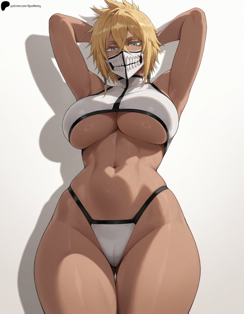 1girls ai_generated armpits arms_behind_head arms_up ass_visible_through_thighs bleach bleach:_the_thousand-year_blood_war blonde_hair breasts cameltoe crop_top eyebrows_visible_through_hair female green_eyes hair_between_eyes hi_res high_quality high_resolution highres huge_breasts large_breasts legs mask midriff mouth_mask muscular muscular_female navel opal_nemy panties patreon patreon_logo patreon_username plain_background presenting_armpit self_upload shadow short_hair simple_background thick_thighs thighs tier_harribel watermark white_background white_panties wide_hips