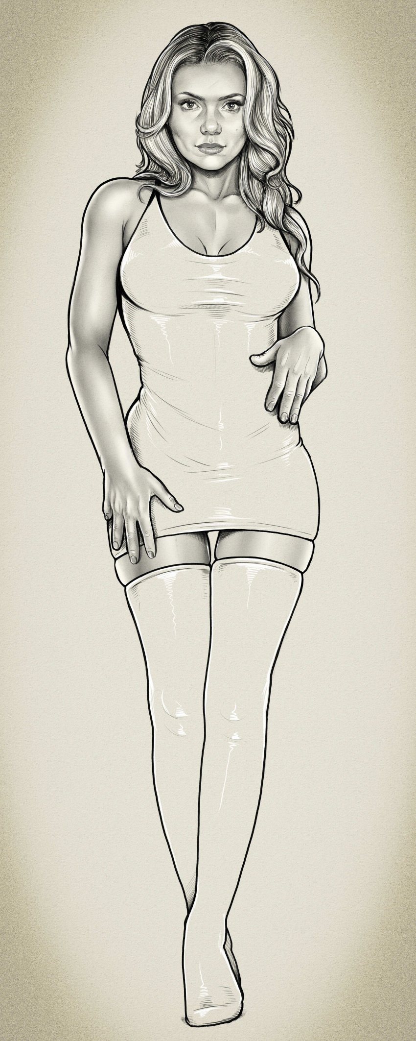 actress black_and_white breasts busty celebrity dafne_keen dress female full_body fully_clothed idrawnudeladies large_breasts latex latex_dress latex_thighhighs long_hair monochrome pinup real_person thighhighs wide_hips younger_female