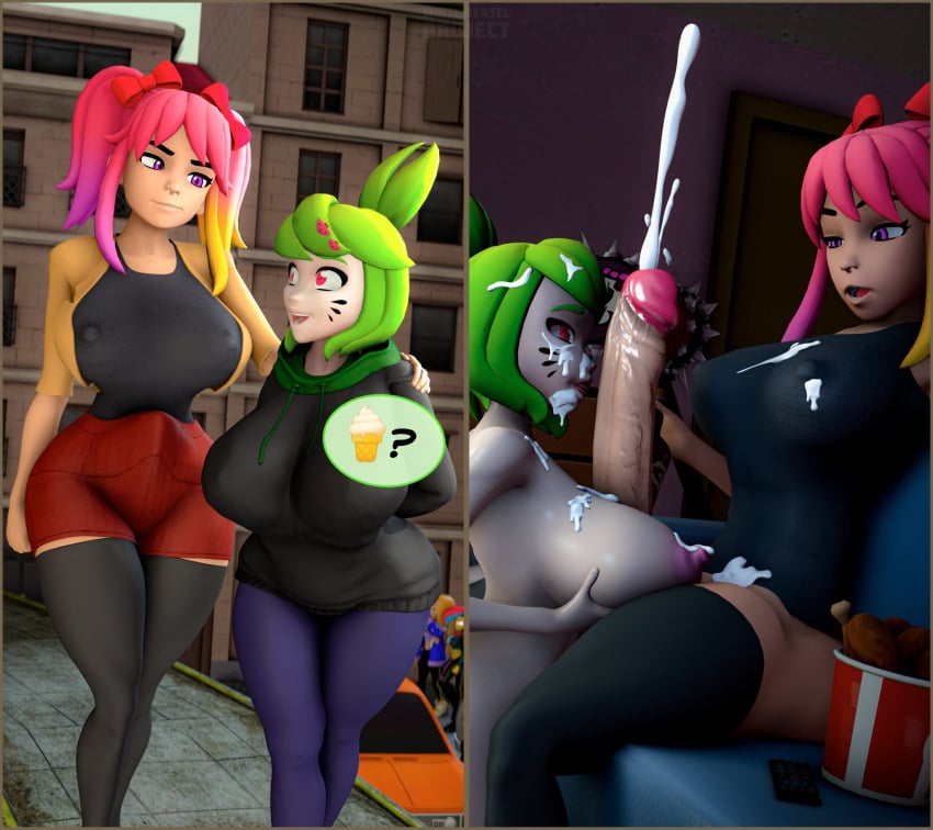 big_breasts boobjob boobjob_during_fellatio breasts cum futa_with_female futanari load_of_cum melony_(smg4) saiko_bichitaru_(smg4) sfm smg4 source_filmmaker thick_thighs whiteweasel