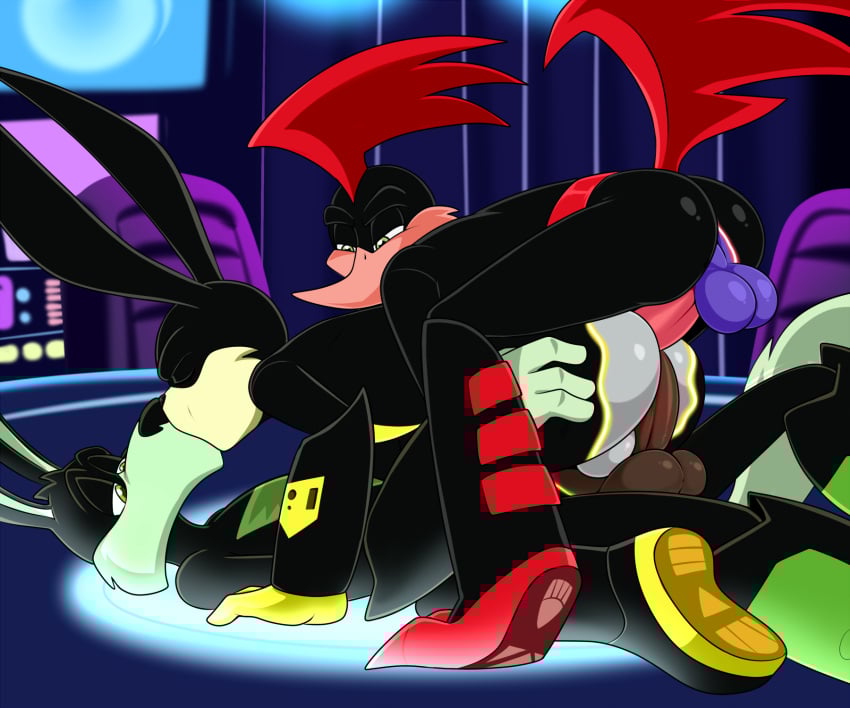 ace_bunny anthro ass avian bird canid canine canis coyote cuculiform double_penetration genitals group group_sex hi_res kissing lagomorph leporid lonbluewolf loonatics_unleashed looney_tunes male male/male mammal new_world_ground_cuckoo penetration penis rabbit rev_runner roadrunner sex tech_e._coyote threesome warner_brothers