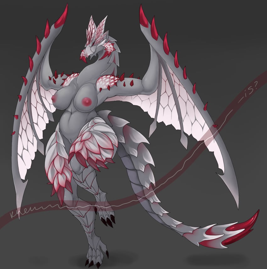 absurd_res anthro areola big_breasts breasts capcom claws female flying_wyvern genitals hi_res horn khemmmis monster_hunter nipples nude pussy scales scalie simple_background solo sparkling_zerureusu tail thick_thighs wings
