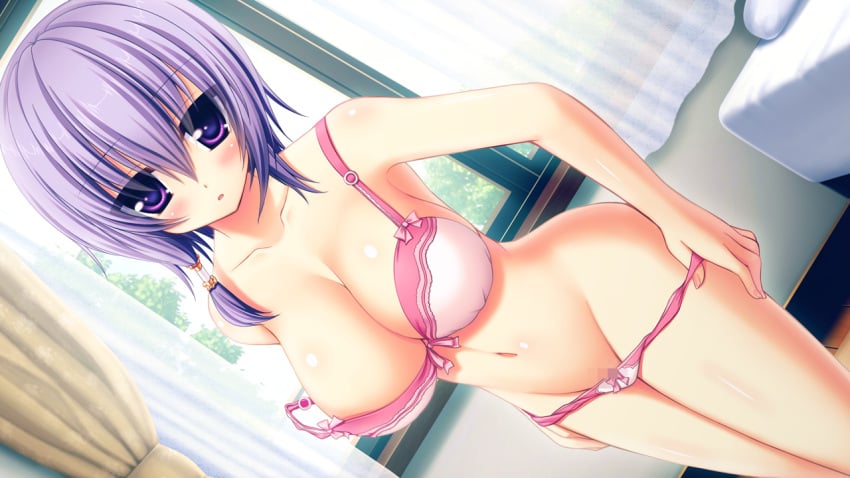 blush bra censored game_cg namaiki_delation natsushima_misaki panties panty_pull purple_eyes purple_hair short_hair syroh underwear undressing