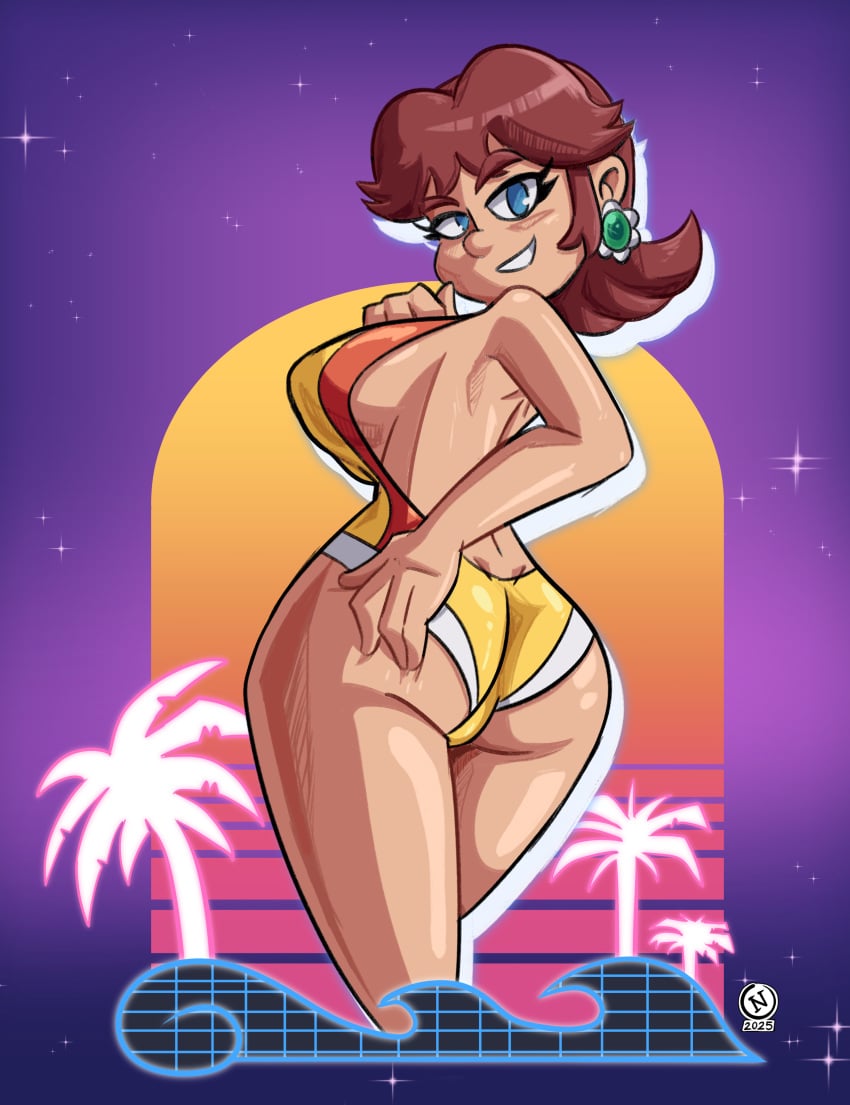 1girls alternate_hairstyle ass ass_focus back big_breasts breasts brown_hair cleavage earrings female mario_(series) nanus2 nintendo princess_daisy short_hair super_mario_land swimsuit