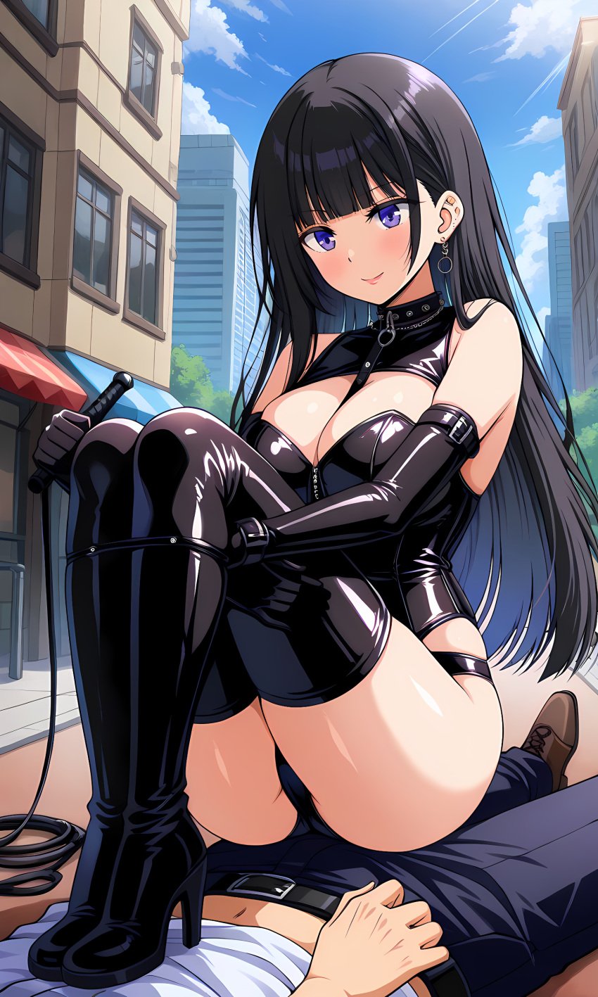 1boy ai_generated ass bangs bare_shoulders belt black_footwear black_gloves black_hair black_legwear black_leotard black_panties black_thighhighs blue_sky blunt_bangs blush bondage bondage bondage_outfit boots bound breasts building cleavage closed_mouth clothing cloud collar cowgirl_position day dominatrix earrings elbow_gloves female female femdom footwear gloves high_heel_boots high_heels holding jewelry large_breasts latex latex_gloves latex_legwear leash legwear leotard long_hair looking_at_viewer male medium_breasts on_back original outdoors purple_eyes shirt shoes sitting sitting_on_person sky smile solo_focus straight straight_hair thigh_boots thighhighs thighs underwear whip white_shirt