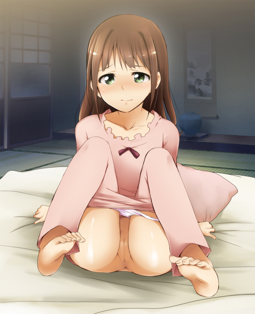 1girls alternate_hairstyle amami_haruka anus ass barefoot bed blush brown_hair censored clothing feet female futon green_eyes hair_down highres human idolmaster kaiga knees_on_chest knees_to_chest long_hair pajamas pajamas_pull panties panty_pull pussy scroll short_hair sitting soles solo tatami toes underwear