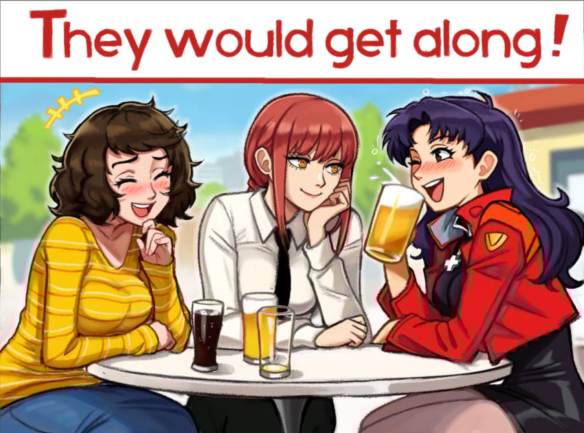2d_(artwork) 3girls alcohol beer beer_mug best_friends beverage big_breasts blush blushing breasts brown_hair chainsaw_man clothed crossover dark_brown_hair digital_media_(artwork) drunk english_text enjoying girls_only hand_on_chin laughing makima_(chainsaw_man) medium_breasts meme misato_katsuragi multiple_crossover multiple_girls necktie neggoartz neon_genesis_evangelion paid_reward_available persona persona_5 purple_hair red_hair red_jacket sadayo_kawakami trait_connection wholesome
