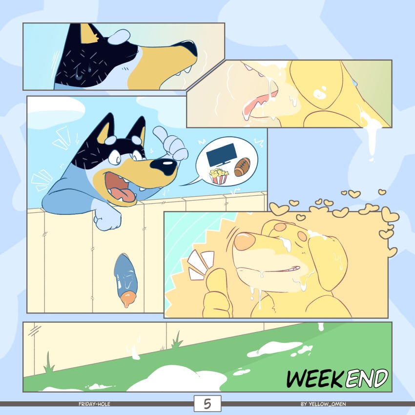 2025 anthro artist_name australian_cattle_dog bandit_heeler big_penis bird_dog black_body black_ears black_fur black_nose black_tail blissful blue_body blue_fur blue_tail bluey_(series) bodily_fluids canid canine canis cattledog clenched_teeth cloud colored comic comic_panel cum cum_drip cum_in_mouth cum_inside cum_on_face digital_drawing_(artwork) digital_media_(artwork) domestic_dog dripping duo english_text erection fence fingers flaccid front_view fur gasp genital_fluids genitals gesture glory_hole grass hand_gesture happy heart_symbol herding_dog hi_res huge_cock humanoid_genitalia humanoid_penis hunting_dog labrador male male/male mammal multicolored_body multicolored_fur nipples nude obese obese_anthro open_mouth outside overweight overweight_anthro pastoral_dog pat_(bluey) penis plant retriever simple_background smile speech_bubble sweat tail teeth teeth_showing text thumbs_up tongue two_tone_tail yellow_body yellow_ears yellow_fur