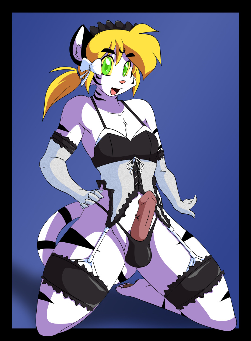 anthro blonde_hair corset edit erection feline garter garter_belt garter_straps girly gloves green_eyes hair hand_on_hip kneeling las_lindas lingerie male open_eyes penis plain_background shin_(las_lindas) skimpy solo stripes thong tiger white_fur