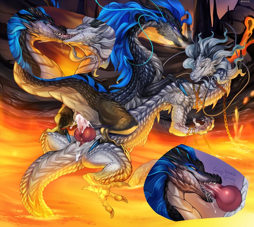 animal_genitalia black_body black_claws black_horn black_scales blue_body blue_claws blue_fur bodily_fluids claws cum dragon duo eastern_dragon female feral feral_only fur genital_fluids genital_slit genitals hi_res horn hybrid knot male male/female mythological_creature mythological_scalie mythology oral oral_penetration penetration penis pink_knot pink_penis scales scalie vaginal_penetration ventral_scales white_body white_scales zortie