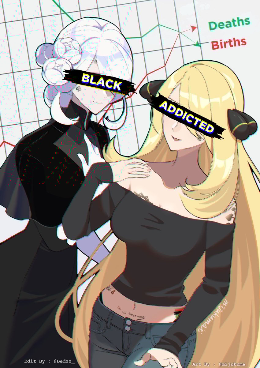 2girls ancestor_and_descendant belly_button bnwo censor_bar censored cleavage cogita_(pokemon) cuckold cynthia_(pokemon) female graph interracial pokegirl pokemon pokemon_dppt pokemon_legends:_arceus qos_tattoo tattoos