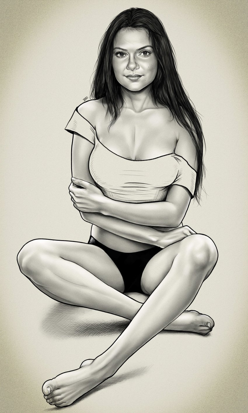 actress black_and_white breasts busty celebrity crop_top crossed_legs dafne_keen female full_body idrawnudeladies large_breasts long_hair monochrome one_shoulder_exposed panties pinup real_person wide_hips younger_female