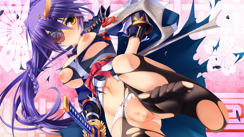 areolae black_legwear black_thighhighs braid breasts censored eye_patch feet female from_below katana large_breasts leg_lift long_hair long_ponytail navel nipples no_shoes panties ponytail puffy_nipples purple_hair pussy samurai sengoku_hime sengoku_hime_4 soles solo standing sword thighhighs tied_hair toes torn_clothes underwear unicorn-a weapon white_panties yellow_eyes